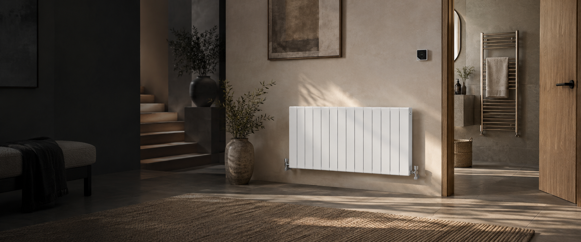 Contemporary neutral interior featuring a panel radiator and towel rail