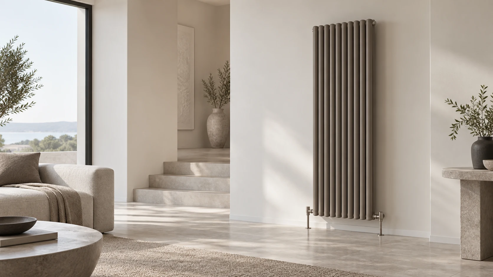 Taupe column radiator in a contemporary interior