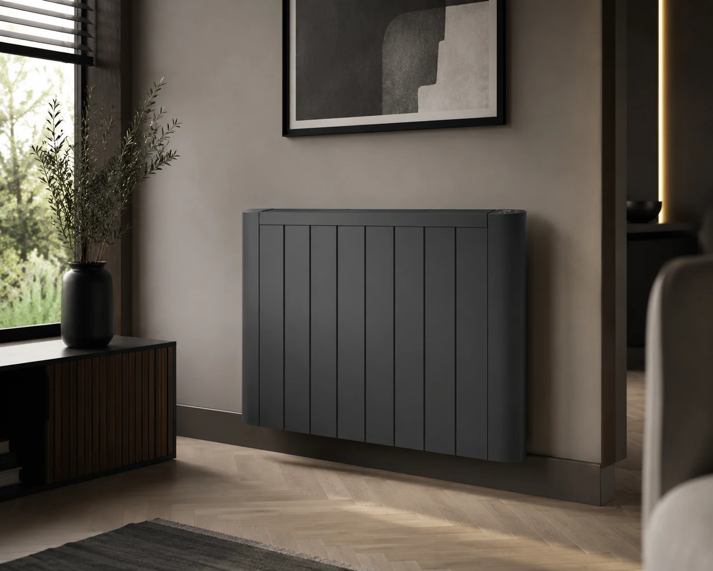 Anthracite Tavro electric radiator in a contemporary living room