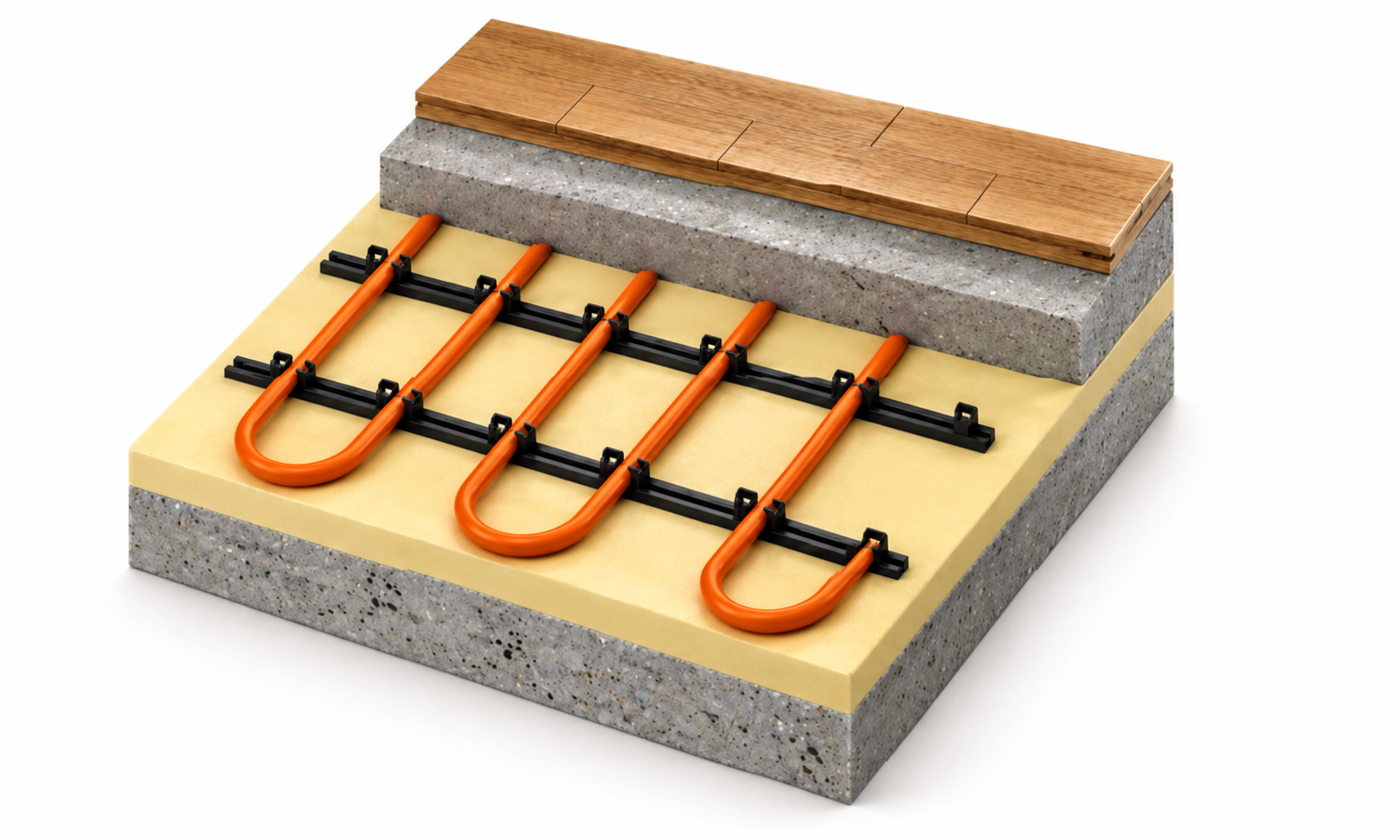 Solid floor underfloor heating with clips and rails