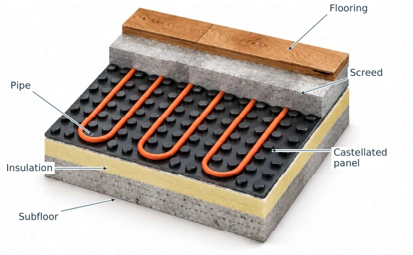 Labelled cutaway of the solid floor — fixing panel showing pipe placement and floor layers